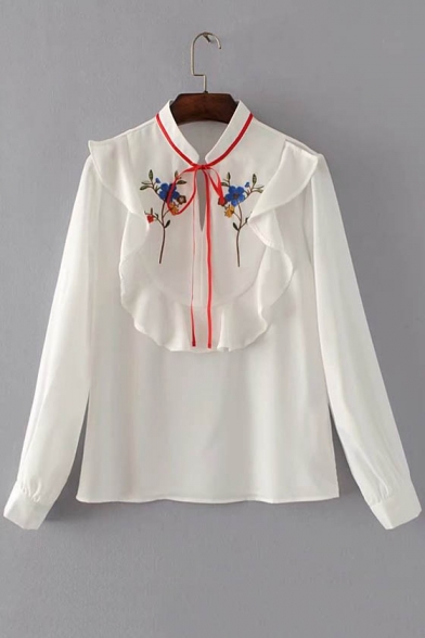 Ruffle Front Embroidery Floral Long Sleeve Cutout Tied V-Neck Blouse