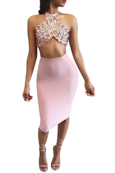 Sexy Halter Sleeveless Sequined Top with Plain Midi Pencil Skirt