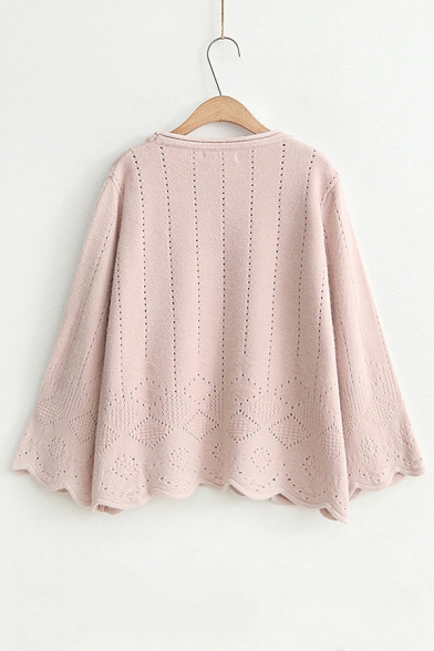Simple Plain Casual Loose Fashion Hollow Out Long Sleeve Round Neck Sweater