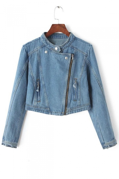 Stand-Up Collar Long Sleeve Simple Plain Zip Up Cropped Denim Jacket