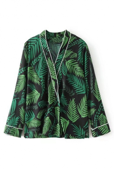 Summer's Foliage Pattern V Neck Long Sleeve Casual Leisure Kimono Top