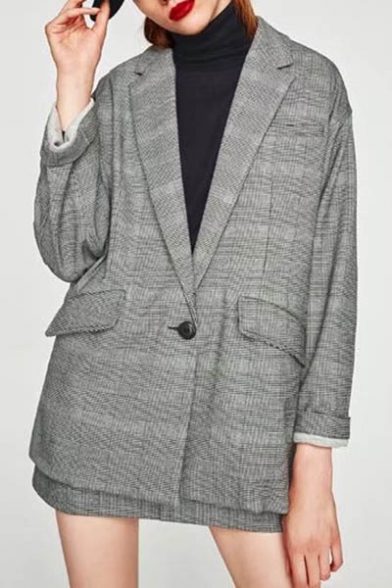 Women's Notched Lapel Long Sleeve Plaid Single Button Blazer with Pockets