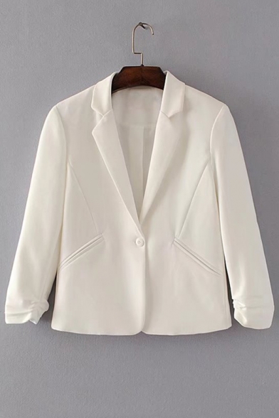 Basic Simple Plain Notched Lapel Collar Long Sleeve Blazer Coat with Single Button