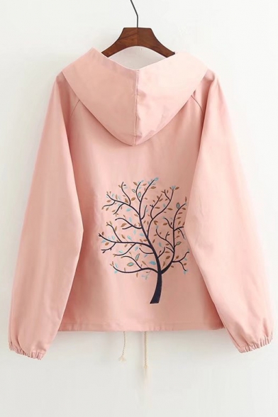 Big Tree Embroidered Back Hooded Long Sleeve Buttons Down Coat
