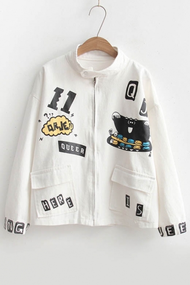 Cartoon Printed Stand-Up Collar Long Sleeve Zip Up Denim Jacket with Double Pockets