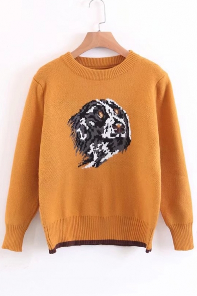 Chic Dog Head Jacquard Round Neck Long Sleeve Casual Sweater