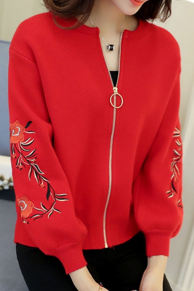Chic Floral Embroidered Round Neck Long Sleeve Zip Up Cardigan