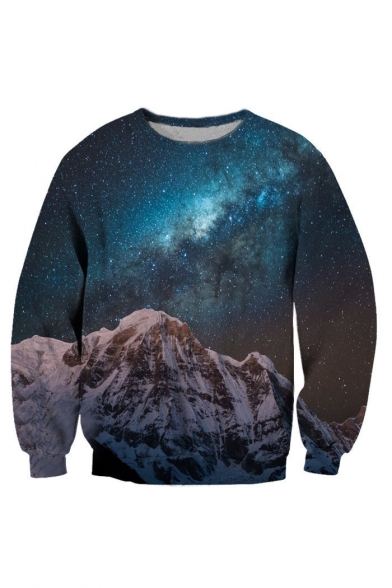 Chic Mountain Galaxy Printed Long Sleeve Round Neck Pullover Sweatshirt