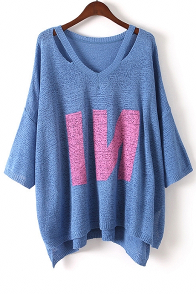 Cutout V-Neck Long Sleeve Contrast IN Letter Pattern Tunic Sweater
