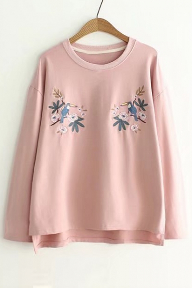 Embroidery Floral Bird Pattern Round Neck Long Sleeve T-Shirt