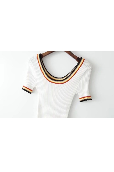 Fashion Color Block Striped Print Hem Scoop Neck Short Sleeve Knit Bodysuit
