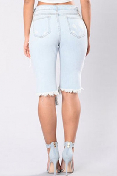 Fashion Cutout Ripped Asymmetric Hem Plain Denim Shorts
