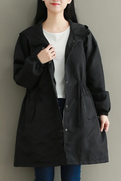 Fashion Elastic Waist Simple Plain Hooded Long Sleeve Zip Up Longline Coat
