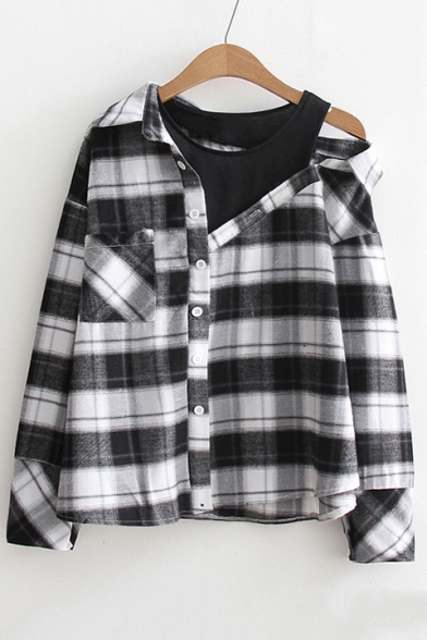 Fashion Fake Two-Piece Cold Shoulder Plaids Pattern Long Sleeve Buttons Down Shirt