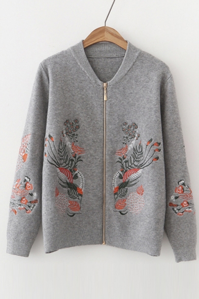 Fashion Floral Embroidered Stand-Up Collar Long Sleeve Zip Up Cardigan