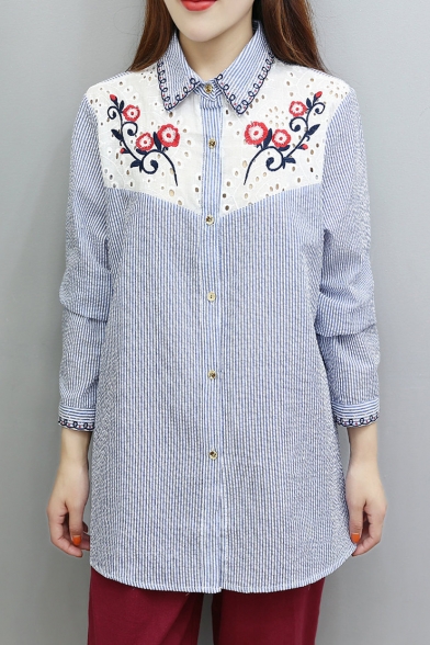Floral Embroidered Striped Pattern Long Sleeve Buttons Down Shirt