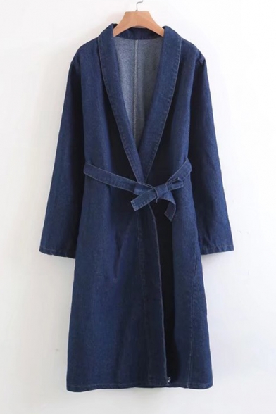 

New Arrival Basic Plain Lapel Collar Long Sleeve Denim Trench Coat, Dark blue;light blue, LC447976