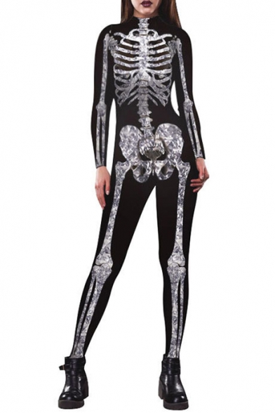 New Arrival Chic Skeleton Pattern Long Sleeve Skinny Jumpsuits