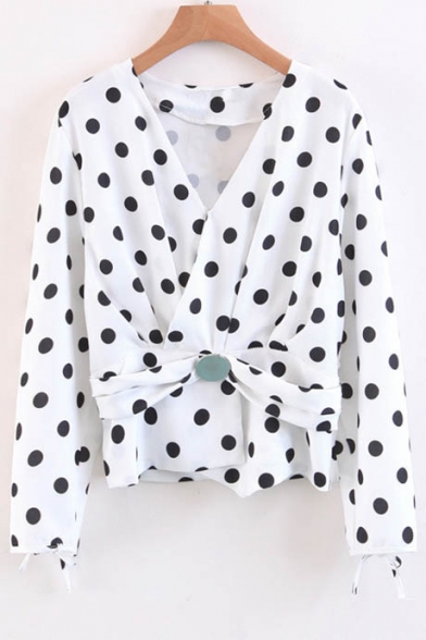 New Arrival Ruched Wrap V-Neck Long Sleeve Polka Dots Color Block Blouse