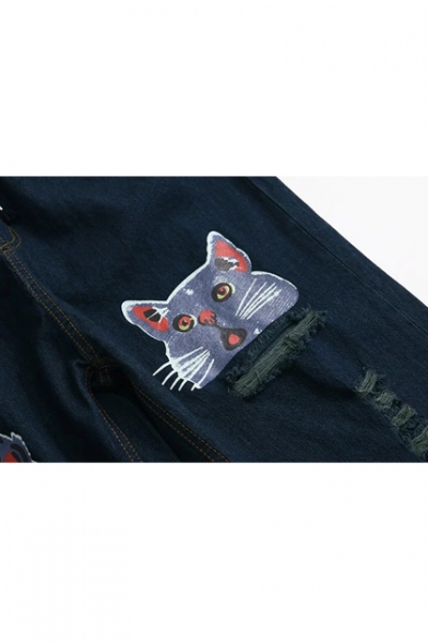 New Collection Cartoon Cat Pattern Fashion Ripped Drawstring Waist Loose Jeans