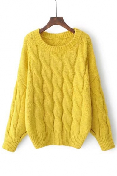New Fashion Cable Knit Round Neck Long Sleeve Plain Sweater
