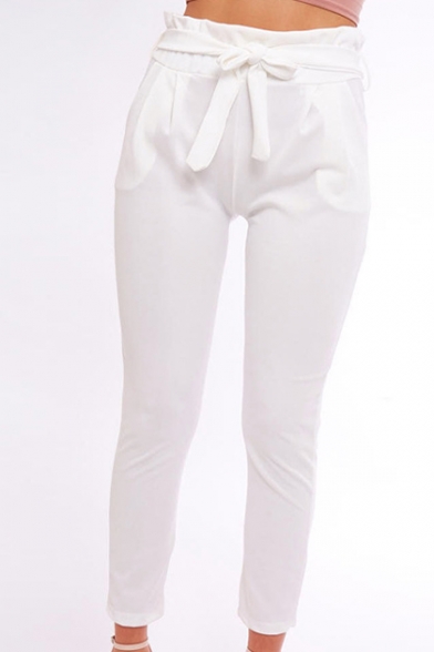 New Trendy Simple Plain Tied Waist Casual Leisure Tapered Pants with Pockets
