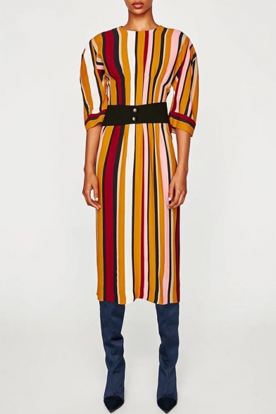 Round Neck Half Sleeve Chic Colorful Striped Pattern Midi Shift Dress with Belt