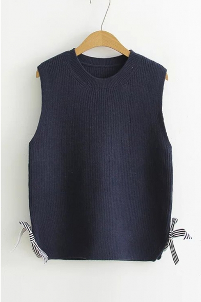 Striped Bow Tie Side Round Neck Sleeveless Plain Loose Knit Tank Top