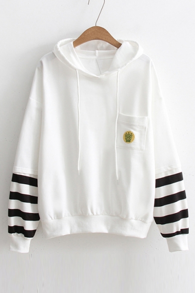 Striped Print Long Sleeve Embroidered Pocket Casual Loose Hoodie
