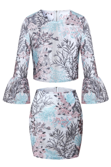 Summer's Chic Floral Pattern Sheer Mesh Round Neck Long Sleeve Crop Top with Mini Bodycon Skirt