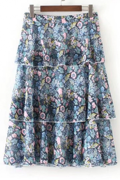 Summer's Chic Floral Printed Fashion Layered Midi A-Line Skirt