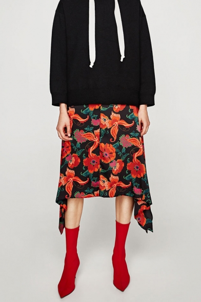 Summer's Chic Floral Printed Holiday Beach Midi Asymmetrical Skirt