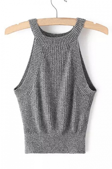 Summer's Sexy Round Neck Sleeveless Plain Knit Cropped Tank Top