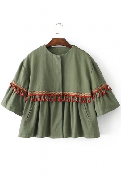 Tribal Printed Fashion Tassel Embellished Buttons Down Cape Coat