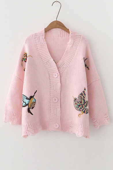 V-Neck Embroidery Bird Pattern Single Breasted Cardigan