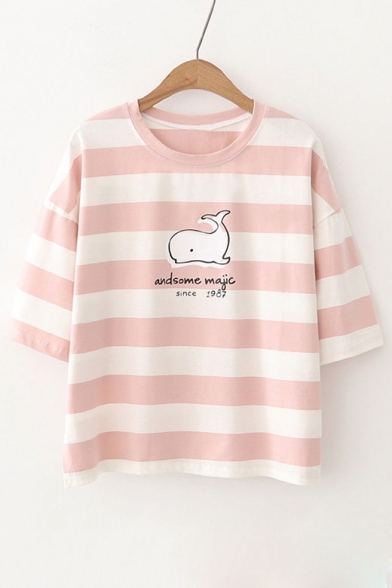 Adorable Striped Whale Graphic Printed Half Sleeve Round Neck Tee