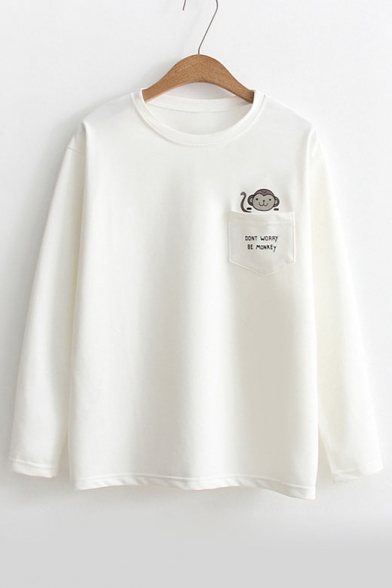 Cartoon Little Monkey Print Pocket Round Neck Long Sleeve Loose Sweatshirt