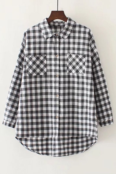 Casual Lapel Long Sleeve Single Breasted High Low Hem Plaid Tunic Shirt with Pockets