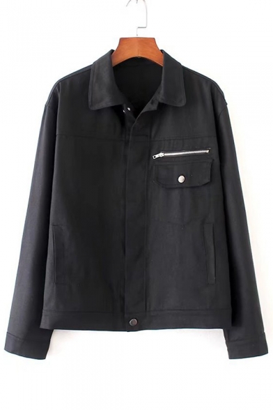 Chic Zip Pocket Lapel Collar Long Sleeve Basic Plain Denim Jacket