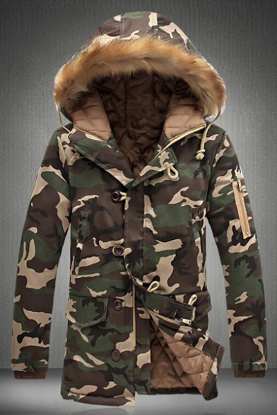 Classic Camouflage Pattern Fur Hooded Long Sleeve Zip Up Winter's Coat
