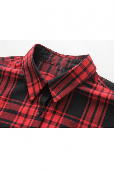 Classic Plaids Pattern Lapel Collar Long Sleeve Cotton Shirt with Single Pocket