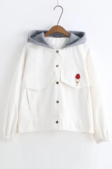 Contrast Hooded Embroidery Ice Cream Pattern Single Breasted Denim Jacket