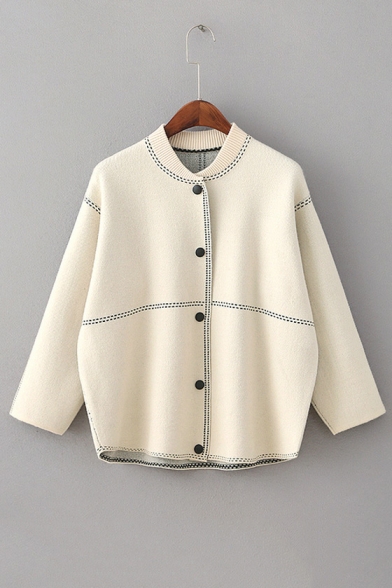 Contrast Stitching Round Neck Long Sleeve Buttons Down Cardigan