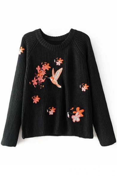 Embroidery Bird Floral Pattern Round Neck Long Sleeve Pullover Sweater