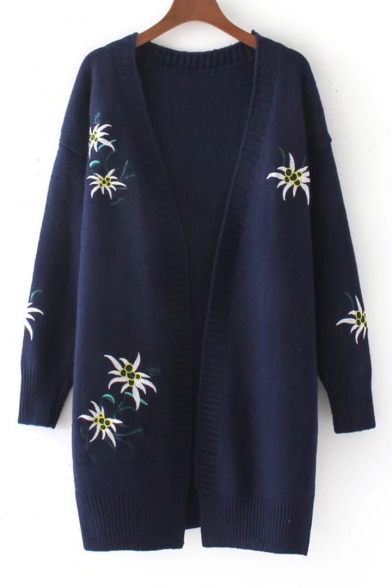 Embroidery Floral Pattern Open Front Long Sleeve Tunic Cardigan