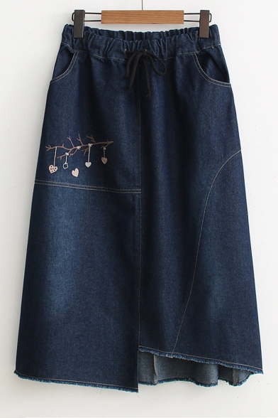 Embroidery Pattern Drawstring Elastic Waist Asymmetric Hem Denim Skirt