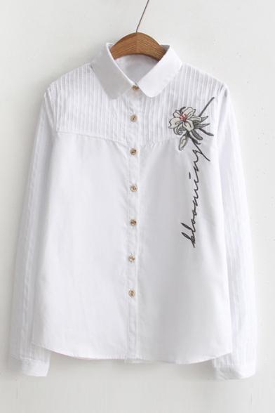 Fashion Floral Embroidered Lapel Collar Long Sleeve Buttons Down Shirt
