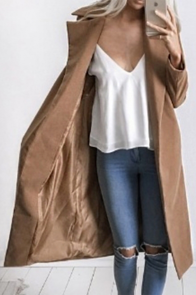 Fashion Women's Notched Lapel Long Sleeve Open Front Plain Tunic Coat