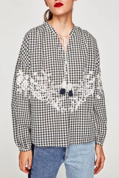 Floral Embroidered Plaids Pattern V Neck Long Sleeve Buttons Down Shirt