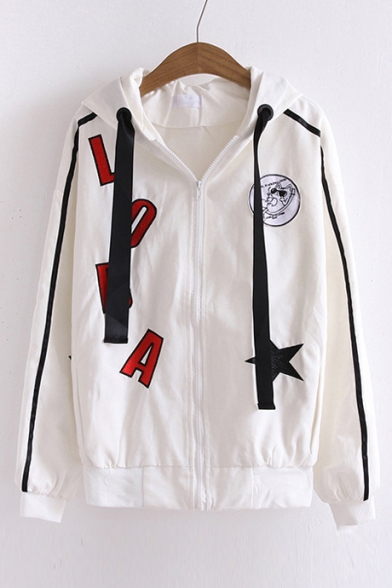 Letter Embroidered Ribbons Hooded Long Sleeve Zip Up Coat